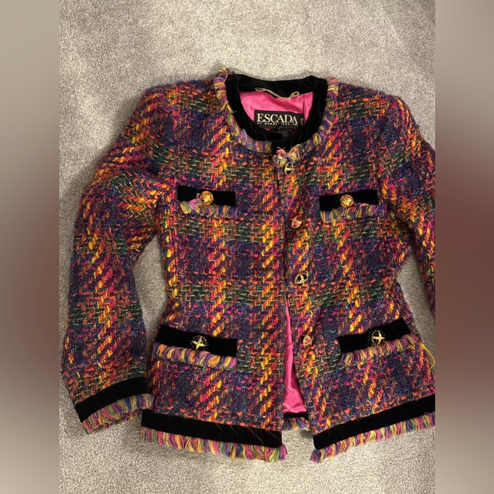 RARE Escada multicolored tweed gold button blazer
